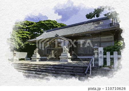 水彩画風　東尋坊　雄島　大湊神社（陸ノ宮）　拝殿　福井県坂井市 110710626