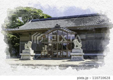 水彩画風　東尋坊　雄島　大湊神社（陸ノ宮）　拝殿　福井県坂井市 110710628