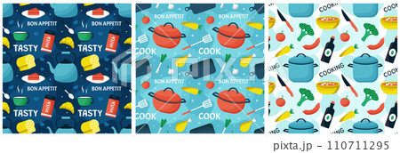 Set of Cooking Equipment Seamless Pattern Design Illustration in Flat Cartoon Template Hand Drawn Set of Cooking Equipment Seamless Pattern Design Illustration in Flat Cartoon Template Hand Drawn 110711295