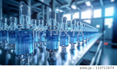 AI-generated content.  glass medical ampoule and vials. Neon lights in the background. Virus vaccination. 110711674