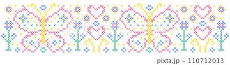 Pattern in cross stitch style with flowers, butterflies and hearts. 110712013