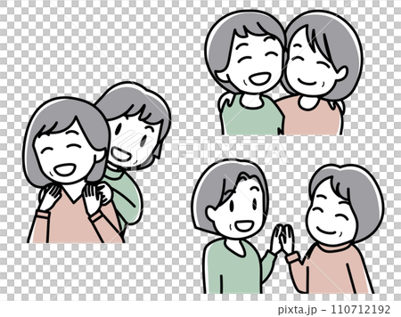 Friendly senior female couple (hugging shoulders/joining hands) 110712192