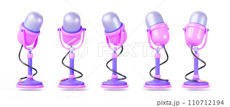 3d pink blue microphone rotation render. Animation icon set of vintage mic on stand. Isolated cartoon mike for podcast, interview, radio, sequence rotating elements for game ui design. 3D illustration 110712194