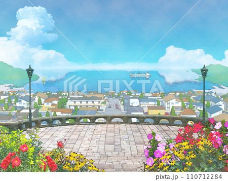 家 住宅 街 水彩画風 手描き 花 イラスト 夏空 背景 BG 家 住宅 街 水彩画風 手描き 花 イラスト 夏空 背景 BG 110712284