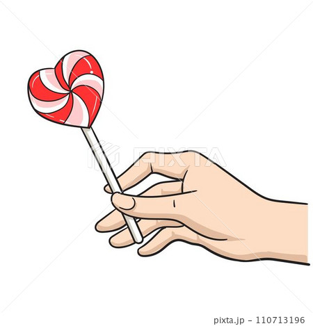 Hand hold candy Lollipop in the shape of a heart dessert sweetness. vector 110713196
