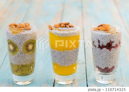 various puddings with chia kiwi pomegranate and mango various puddings with chia kiwi pomegranate and mango 110714325