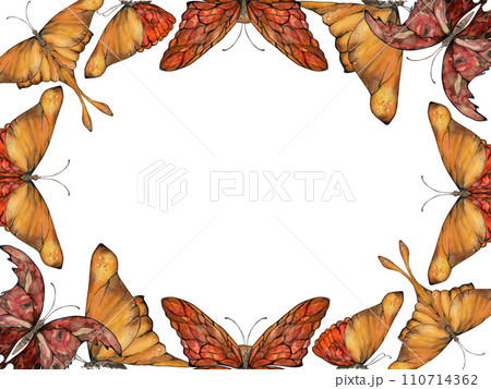 Hand drawn watercolor illustration butterfly fairy wings gem crystal insect moth. Amber garnet sunstone agate ruby. Horizontal frame isolated on white background. Design print, shop, wedding, birthday Hand drawn watercolor illustration butterfly fairy wings gem crystal insect moth. Amber garnet sunstone agate ruby. Horizontal frame isolated on white background. Design print, shop, wedding, birthday 110714362