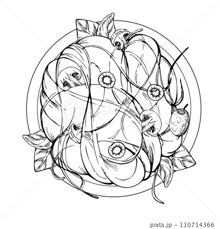 Hand drawn vector ink illustration. Pasta Italian cuisine dish spaghetti noodles on plate, olives champignon basil herb. Composition isolated on white. Restaurant menu, food shop package, flyer print. 110714366