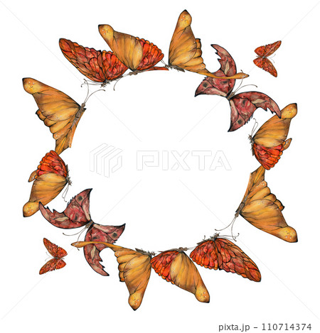Hand drawn watercolor illustration butterfly fairy wings gem crystal insect moth. Amber garnet sunstone agate ruby. Wreath frame isolated on white background. Design print, shop, wedding, birthday Hand drawn watercolor illustration butterfly fairy wings gem crystal insect moth. Amber garnet sunstone agate ruby. Wreath frame isolated on white background. Design print, shop, wedding, birthday 110714374