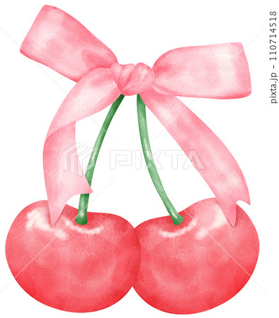 Coquette cherries with ribbon bow watercolor 110714518