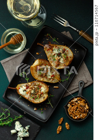 Grilled Pears with Blue Cheese, Walnuts and Honey 110714567