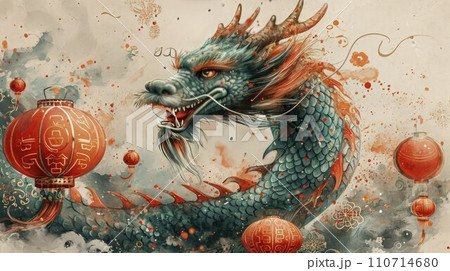 Festive Richness: Red Lanterns, Gold Coins, and Kumsteins Surround a Light-Winged Green Dragon on a Postcard 110714680