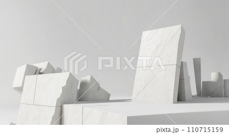 White stone plate cosmetic podium, abstract empty product display floor platform broken and blank rock stage stand on plaster concrete pedestal backdrop with natural marble show scene. 110715159