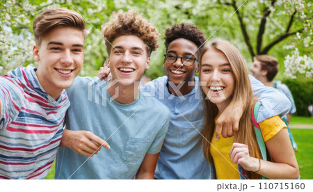 Having best time with friends. group of students enjoying their spring break. Young people enjoying spring summer time together. cheerful friends on vacation 110715160