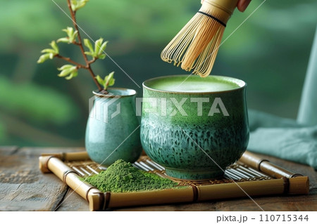 質感のある表面に置かれた伝統的な抹茶セット 110715344