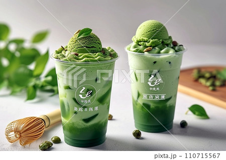 抹茶アイスクリームをトッピングしたグルメ抹茶デザートドリンク 抹茶アイスクリームをトッピングしたグルメ抹茶デザートドリンク 110715567