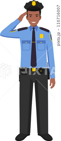 Standing African American Policeman Officer in Traditional Uniform Character Icon in Flat Style. Vector Illustration. 110716007