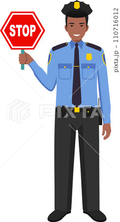 Standing African American Policeman Officer with Warning Sign Stop in Traditional Uniform Character Icon in Flat Style. Vector Illustration 110716012
