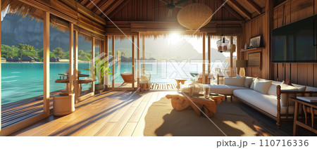 Interior of an overwater bungalow with stunning view on tropical island in paradise 110716336