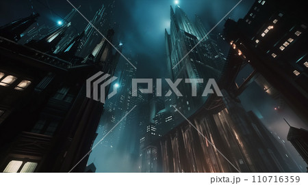 Somber dystopian Gotham city at night 110716359