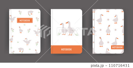 Cover page notebook collection. Templates with cute farm gooses. Perfect for diary, books, magazines, journals, catalogs, planners and flyers. Vector layouts. Cartoon style 110716431