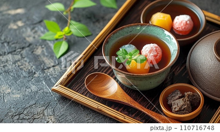 豪華な色とりどりの餅入りあんみつ 豪華な色とりどりの餅入りあんみつ 110716748