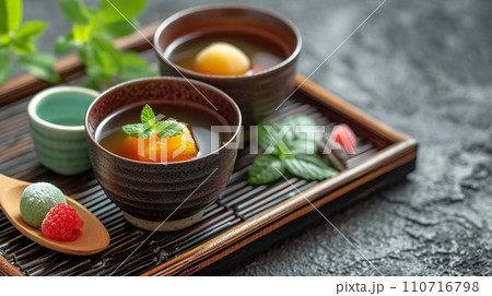 豪華な色とりどりの餅入りあんみつ 110716798