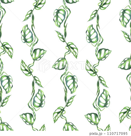 Tropical palm leaves, monstera, liana, monkey mask bright juicy green. Hand drawn watercolor botanical illustration. Seamless pattern on a white background 110717095