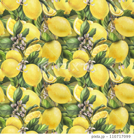 Lemons are yellow, juicy, ripe with green leaves, flower buds on the branches, whole and slices. Watercolor, hand drawn botanical illustration. Seamless pattern on a white background. 110717099