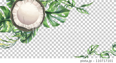 Coconuts whole, halves and pieces with bright, green, tropical palm leaves. Hand drawn watercolor illustration. Frame, template, blank isolated from the background. Coconuts whole, halves and pieces with bright, green, tropical palm leaves. Hand drawn watercolor illustration. Frame, template, blank isolated from the background. 110717101