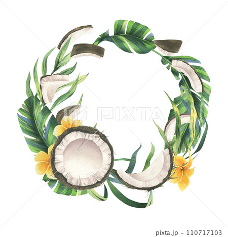 Coconuts whole, halves and pieces with bright, green, tropical palm leaves and yellow plumeria flowers. Hand drawn watercolor illustration. Wreath, frame, template isolated from the background. 110717103