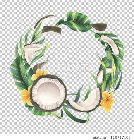 Coconuts whole, halves and pieces with bright, green, tropical palm leaves and yellow plumeria flowers. Hand drawn watercolor illustration. Wreath, frame, template isolated from the background. 110717103