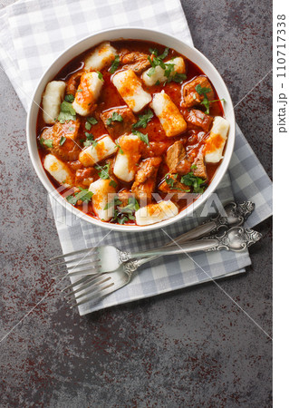 Boiled potato dumplings Kopytka with meat gravy close-up in a plate. Vertical top view 110717338