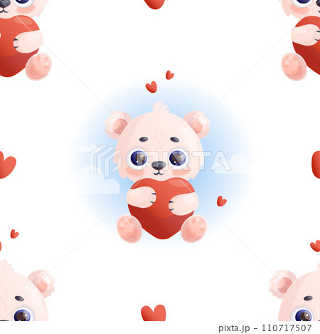 Romantic Seamless pattern. Cute polar bear with hearts on white background. Vector illustration valentine backdrop in cartoon style for design, wallpaper, packaging, textile. Romantic Seamless pattern. Cute polar bear with hearts on white background. Vector illustration valentine backdrop in cartoon style for design, wallpaper, packaging, textile. 110717507