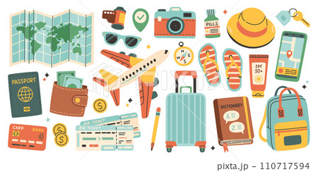 Travel set. Traveling collection, camera and map, accessories needed in trip. Baggage, hat, backpack, documents, money.