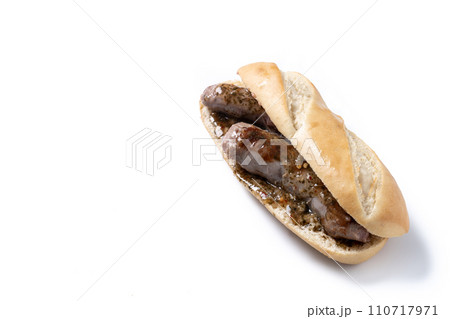 Traditional choripan, Argentina sandwich with chorizo and chimichurri sauce. isolated on white background	 110717971