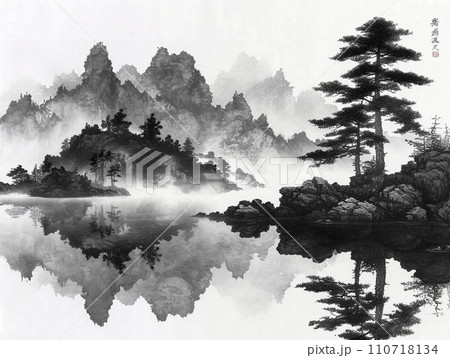 静寂な山の湖 - モノクロの墨絵風景のイラスト素材 [110718134
