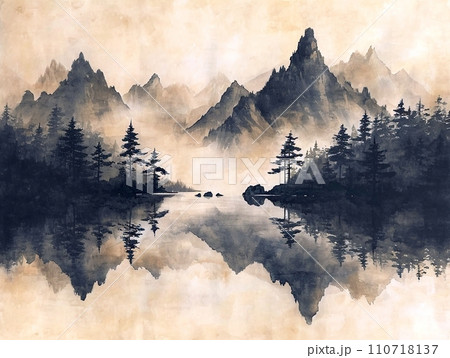 静寂な山の湖 - モノクロの墨絵風景のイラスト素材 [110718137] - PIXTA