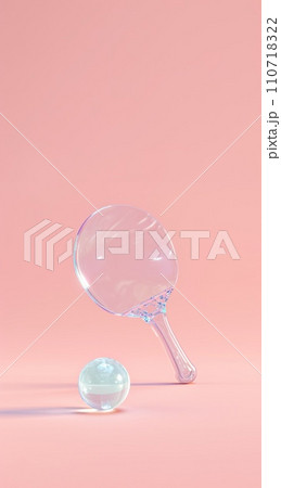 AI-generated content. Futuristic transparent table tennis paddle and ball against pastel pink background. Luxury sports equipment boutique advertisement. 110718322