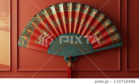 Red and Gold Chinese Paper Fan in a Minimalist Stage Design with Eastern Motifs Red and Gold Chinese Paper Fan in a Minimalist Stage Design with Eastern Motifs 110718486