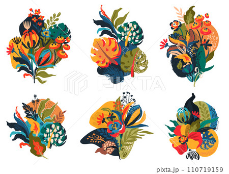 Set of six vector compositions in modern style with nature motifs, flowers and leaves Set of six vector compositions in modern style with nature motifs, flowers and leaves 110719159