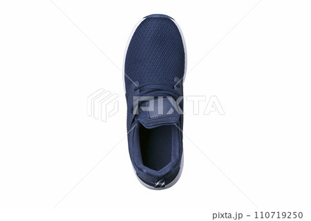 Sport shoes. Blue sneaker made of fabric with leather inserts top view. 110719250