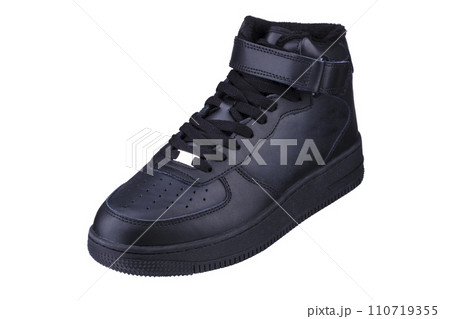 Black high boot on a white background. Winter sneakers. 110719355