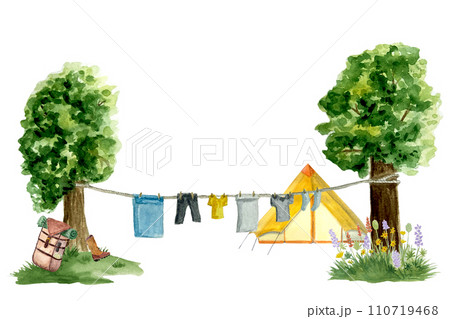 Watercolor rustic illustration drying clothes yellow tent composition isolated on white 110719468