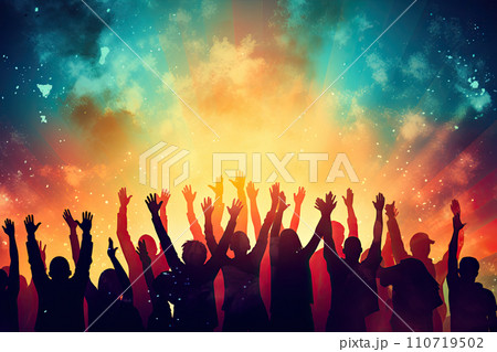 Diverse group of people celebrating with their hands in the air. AI content Diverse group of people celebrating with their hands in the air. AI content 110719502