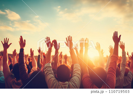 A diverse group of people celebrating with their hands in the air. AI content A diverse group of people celebrating with their hands in the air. AI content 110719503