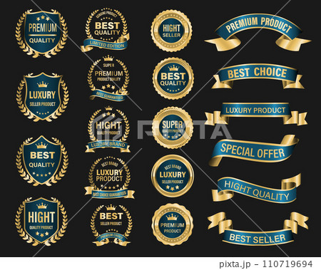 Golden blue luxury premium quality label badges on grey background vector Golden blue luxury premium quality label badges on grey background vector 110719694