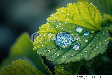 A drop of clean water on a green leaf close up 110719702