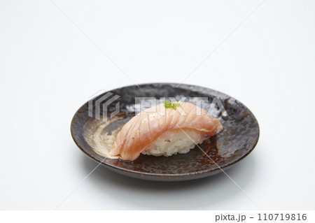 Japanese Cuisine, Salmon (sake) Nigiri Sushi on white background. 110719816