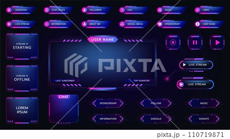 Stream twitch game icons. Buttons and overlay panel frame. Futuristic interface design. Live streaming. Neon user tag. Cyber glow modern name border. Streamers menu bar. Vector UI digital elements set 110719871